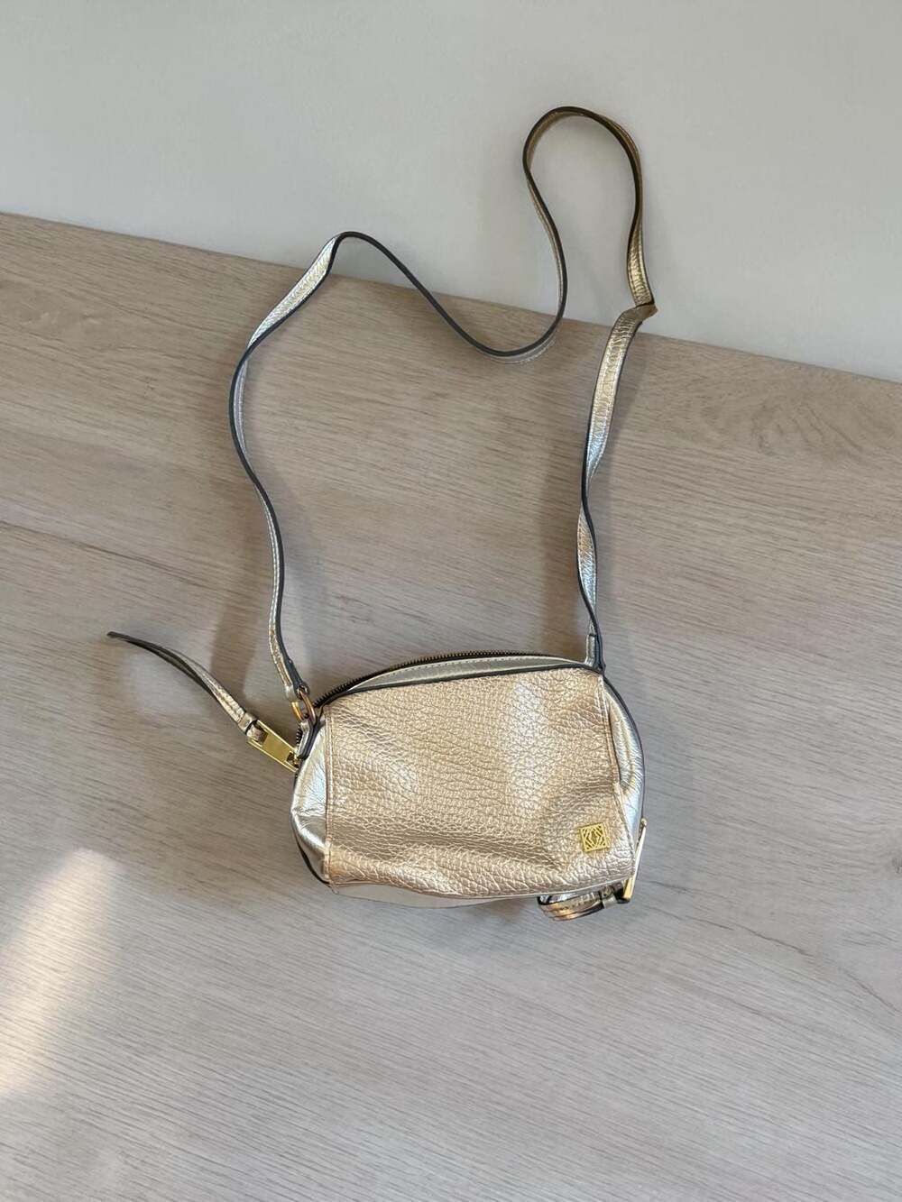 Kate Landry Metallic Champagne Gold Pebbled Leather Crossbody Bag
